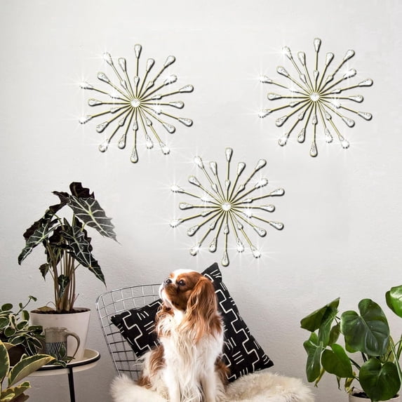 3 Set Gold Metal Jeweled Wall Art Bling Crystal Home Décor Rhinestone Sun Star Wall Hanging Diamond Accents 11.8 * 11.8inch