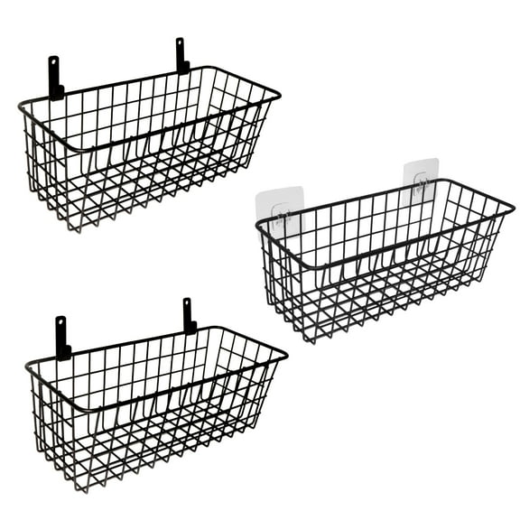 3 Set Hanging Wire Baskets,Wall Mount Fruit Basket,No Drilling,Adhesive Small Metal Basket,Farmhouse Food Storage Mesh Bin Kitchen Pantry Laundry Bathroom Closet Garage RV,Black