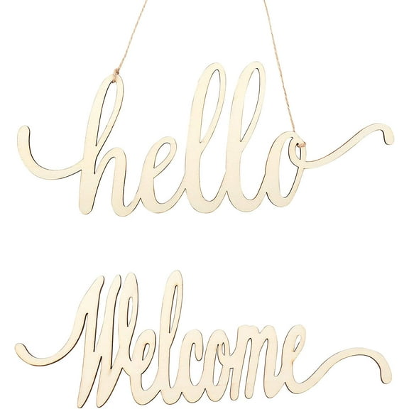 3 Set Hello Welcome Wood Sign Natural Cutout Wooden Letter Sign with Rope for Wedding Anniversary Engagement Home Decoration