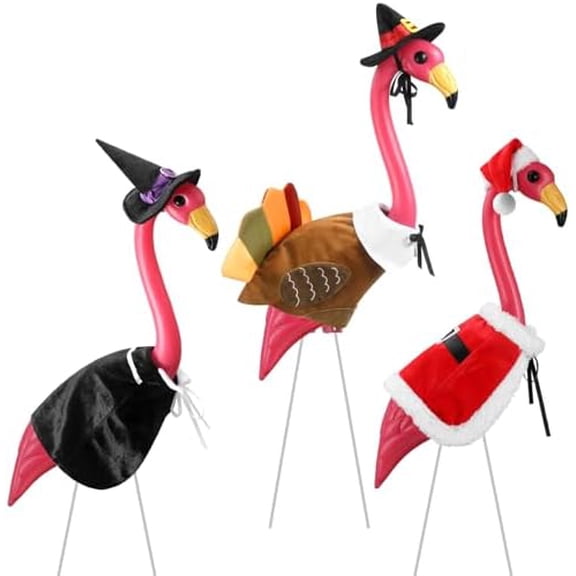 3 Set Holiday Porch Flamingo Outfits - Yard Ornaments for Halloween Witch, Thanksgiving Turkey, Christmas Santa - Costumes for Flamingo Statue Yard Lawn Patio Outdoor Decorations$$Garden & Patio