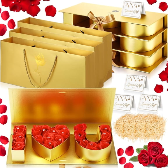 3 Set I Love You Box Cardboard 3 Fillable Flower Box 3 Gift Bags 3 Greeting Cards Raffia Paper Shreds for DIY Valentine's Day Wedding Bridal Shower Birthday Chocolate Gifts Packaging(Gold)