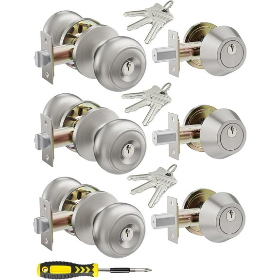 3 Set All Keyed Same Entry Door Knobs and Single Cylinder Deadbolt Combo Set for Entrance and Front Door, Keyed Alike Exterior Door Lock Set with Keys, Satin Nickel Deadbolt Lock and Door Knob Set