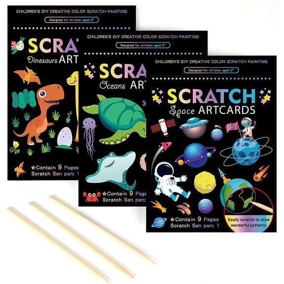 3 Set Magic Scratch Paper Art, Colorful Magic Drawing Art Book with 3 Scratch Pen for Birthday Halloween Christmas Party Games Projects Kits Dinosaurs/Underwater World/Spaceman
