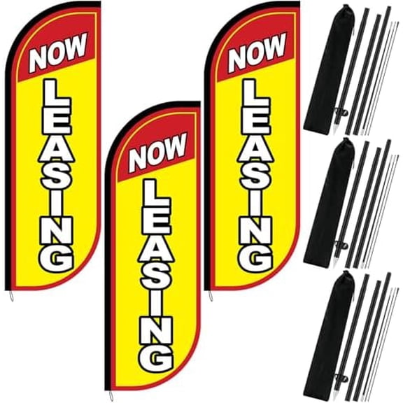 3 Set Now Leasing Feather Flag Pole Kit Now Leasing Advertising Flags Now Leasing Flags with Pole and Ground Stake Real Estate Advertising Swooper Flag for Business Advertisement, Yellow$$Other