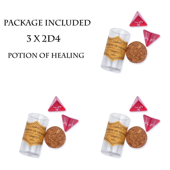 3 Set Of 2 D4 Dice for a Dungeon And Dragons Themed Healing Potion