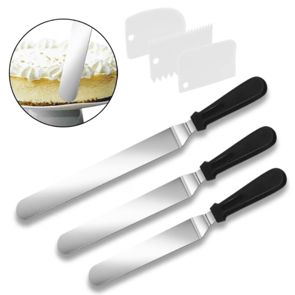 3 Set Offset Spatula for Frosting, 6 8 10 inch Angled Cake Icing Spatula,with 3 Cake Smoother Scrapers, Decorating Offset Icing Spatula Cake Scraper Smoother(Angled)