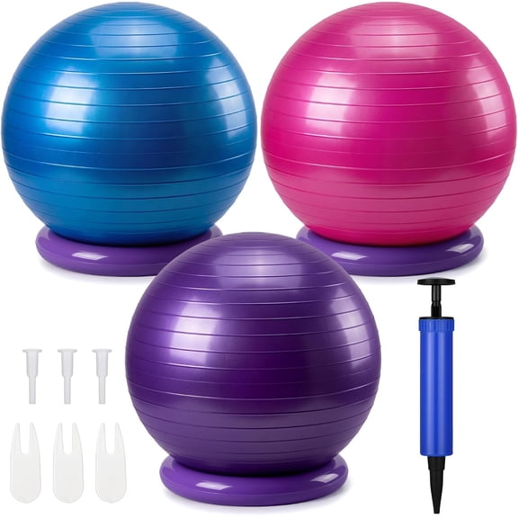 3 Set Pilates Yoga Ball Chair 26 inch Ergonomic Exercise Ball Chair with Stability Base for Home Office Desk Sitting or Workout, Improving Posture & Relieving Back Pain (Blue, Pink, Purple)