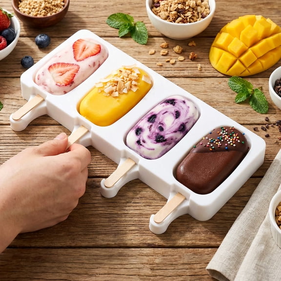 3 Set Popsicle Mold with Lid and 100 Wood Popsicle Stick Standard Size 4 Cavities Silicone Ice Pop Mold for Making Cake Pop Pudding