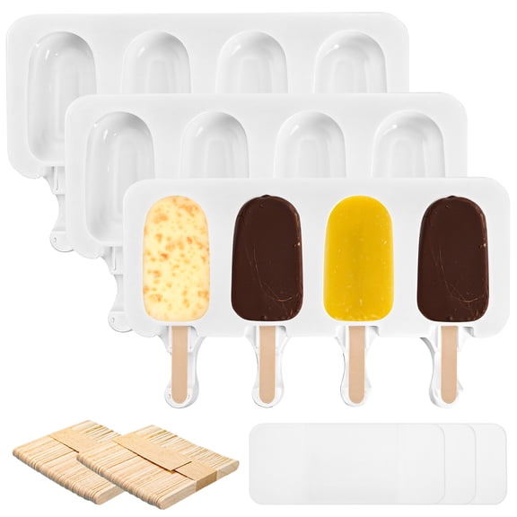 3 Set Popsicle Molds, 4-cavity Ice Pop Makers with Lids & Wooden Sticks, Reusable Ice Pop Molds, Silicone DIY Frozen Treats, Easy Release Design for Little Ones & Adults