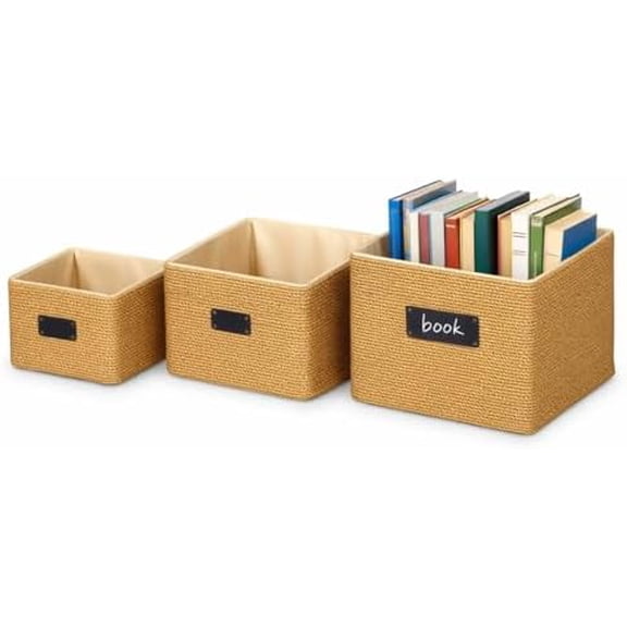 3 Set Recycled Wicker Storage Basket Large Woven Paper Rope Storage Baskets with Erasable Blackboard Label Liner Cube Organizing Container Bins for Shelves Cupboards Drawer, Brown 3 Sizes
