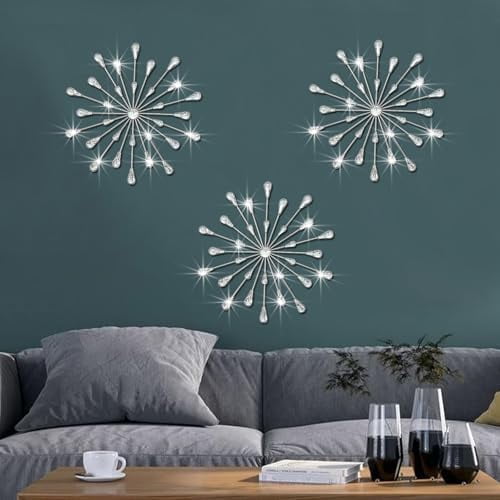 3 Set Silver Metal Jeweled Wall Art Bling Crystal Home Décor Rhinestone Sun Star Wall Hanging Diamond Accents 18 * 18inch