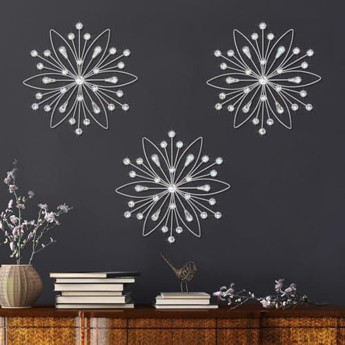 3 Set Silver Metal Jeweled Wall Art Bling Crystal Home Décor Sun Burst Rhinestone Wall Hanging Diamond Accents
