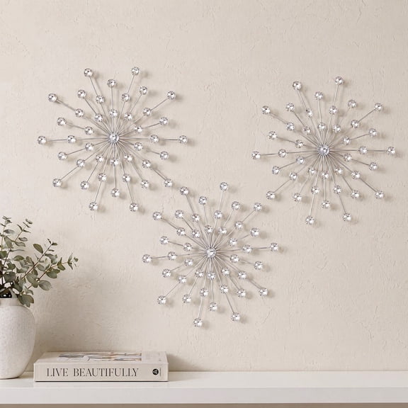 3 Set Silver Starburst Wall Art for Home Decor Metal Bling Crystal Rhinestones Sunburst Wall Decor Sparkling Rhinestone Art Accent Silver - 13in