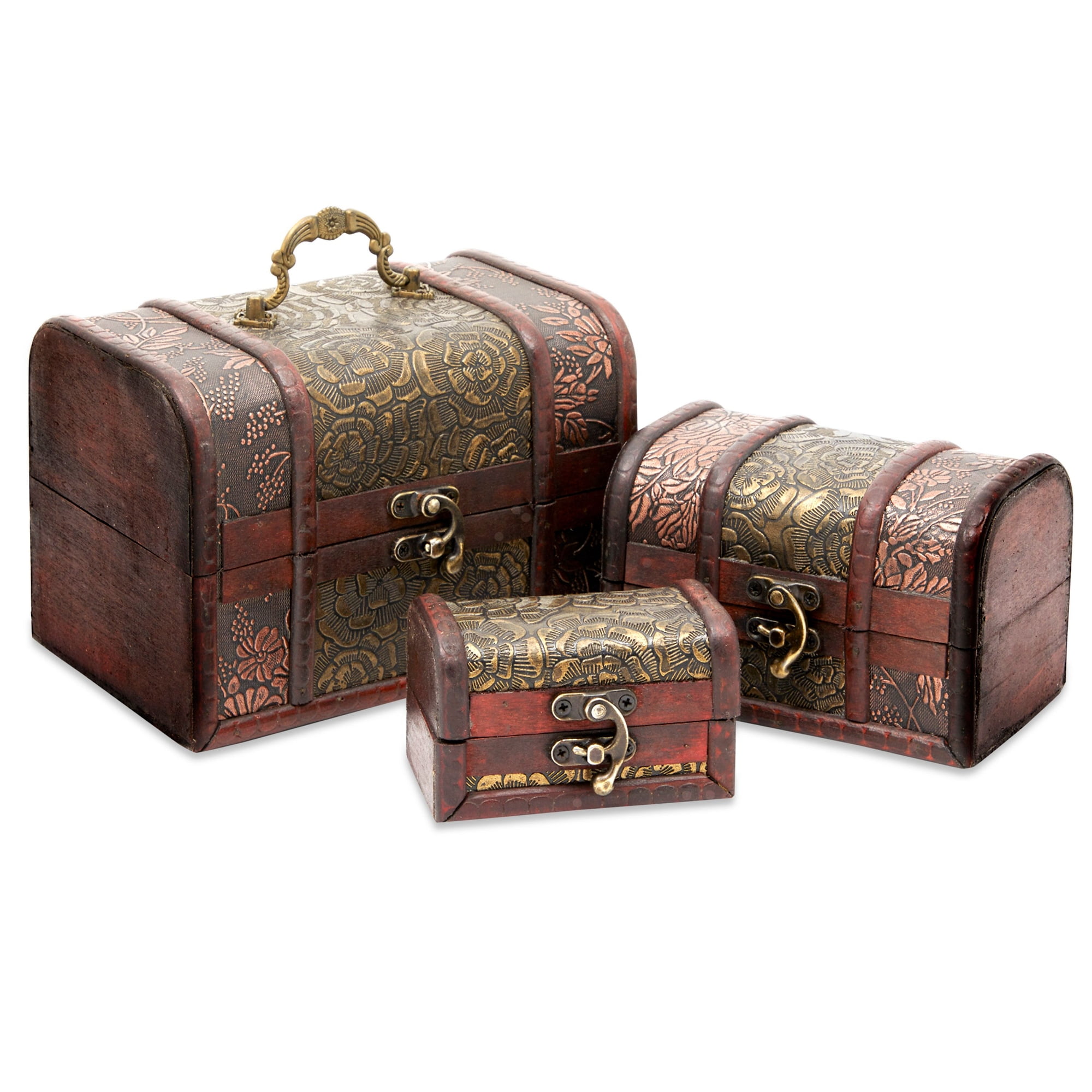 Set of 3 Small Antique Style Jewelry Organizer Chests / Storage Boxes Boxes  With Hasp Latch - Zen Merchandiser