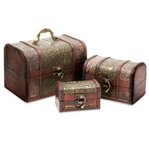 3-Set Small Wooden Treasure Chest Boxes with Flower Motifs, Decorative Vintage Style Trunks for Jewelry Keepsakes, Coin Collection, and Home Decor (3 Assorted Sizes)