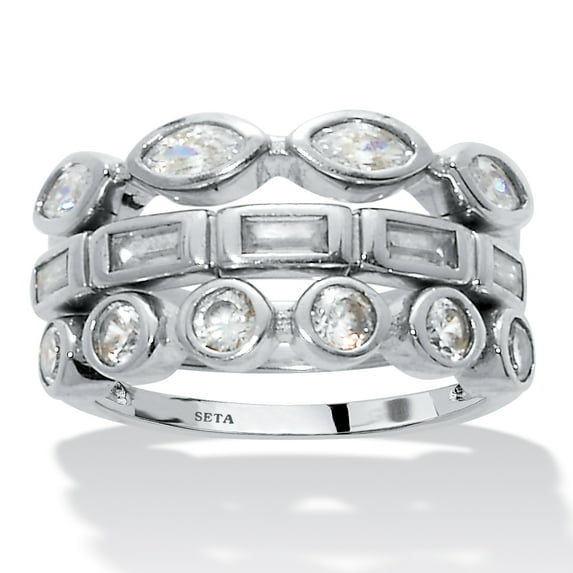3-Set Stack Silvertone Multi-Shape Ring Set