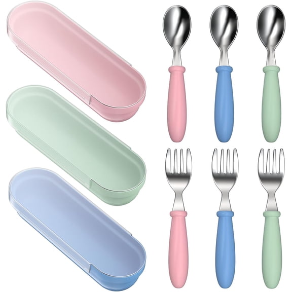 3 Set Toddler Utensils Stainless Steel Baby Forks and Spoons Silverware Set Kids Silverware Children's Flatware Kids Cutlery Set Round Handle for LunchBox, 3 x Safe Forks,3 x Children Spoons,3 x Case