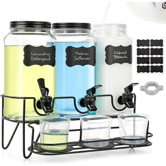 3 Sets 2.2L Liquid Laundry Detergent Dispenser, Glass Laundry Soap Dispenser with Stand, Measuring Cup, Fabric Softener Dispenser for Laundry Room Organization
