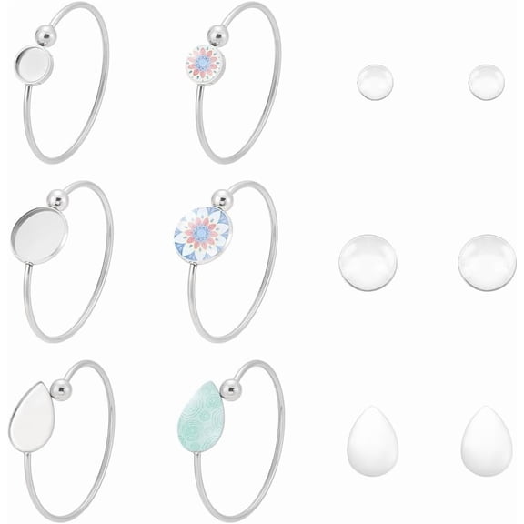 3 Sets 2 Style Teardrop Cabochon Cuff Bangle Flat Round Blank Dome Bangle Making Kits Stainless Steel Open Bangle with Glass Cabochon Adjustable Bangle for DIY Bracelet Making Tray 12/20mm