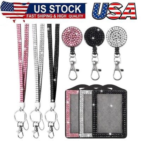 3 Sets 3 Color Upgraded Rhinestone Lanyard for ID Badges, Bling ID Card Holder