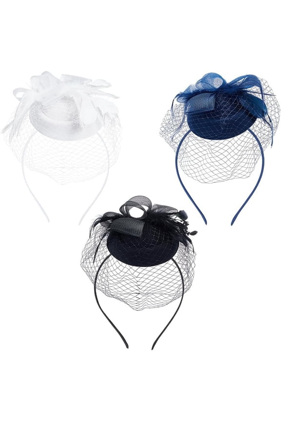 3 Sets 3 Colors Mesh Veil Hair Bands Cloth Feather Fascinator Hats for Women Costume Party Accessories Mixed Color 145x120x4.5mm