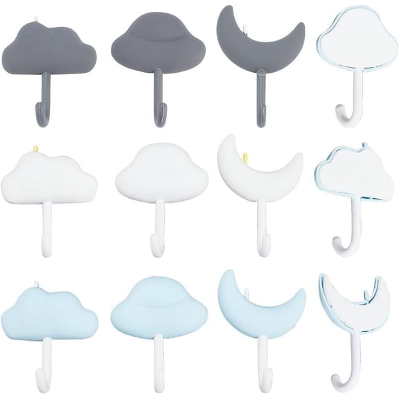 3 Sets 3 Colors Sky Theme Cloud Moon Shape Traceless Adhesive Wall Hooks PVC Sticky Hook Hanger Mixed Color 75~81x55.5~61x25.5~26mm