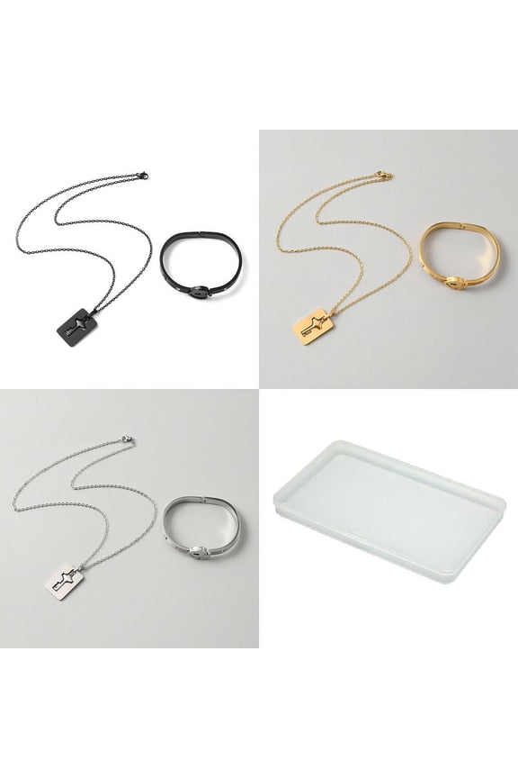 3 Sets 3 Colors Stainless Steel Splite Key Pendant Necklaces Heart Padlock Link Bangles Jewelry Set for Couple Lovers Mixed Color