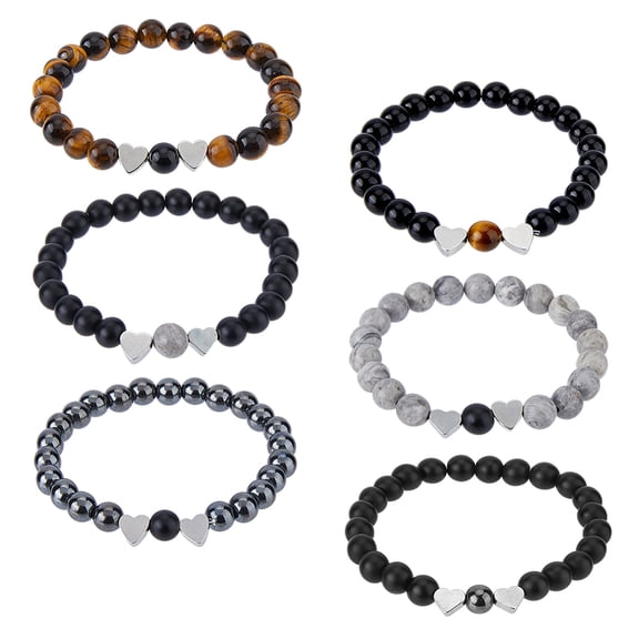 3 Sets 3 Style Mixed Glass Round Beaded Stretch Bracelet Sets Alloy Heart Stackable Bracelets