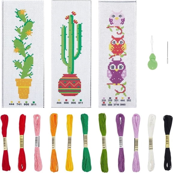 3 Sets 3 Styles Stitch Bookmark Kits Oval and Cactus Pattern Stitch Kits DIY Stamped Embroidery Bookmarks with Needle-Threading Device Thread and Needle for Book Lovers diy