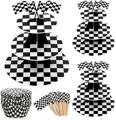 3 Sets 3 Tier Round Race Car Cardboard Cupcake Stand with 100 Checkered ...