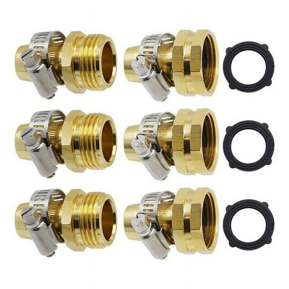 3 Sets 5/8 Inch Brass Garden Hose Repair Kit Mender End Water Hose End Mender Female and Male Hose Connector with 6 Pieces Stainless Steel Clamp and 6 Pieces 3/4 Inch Rubber Gaskets