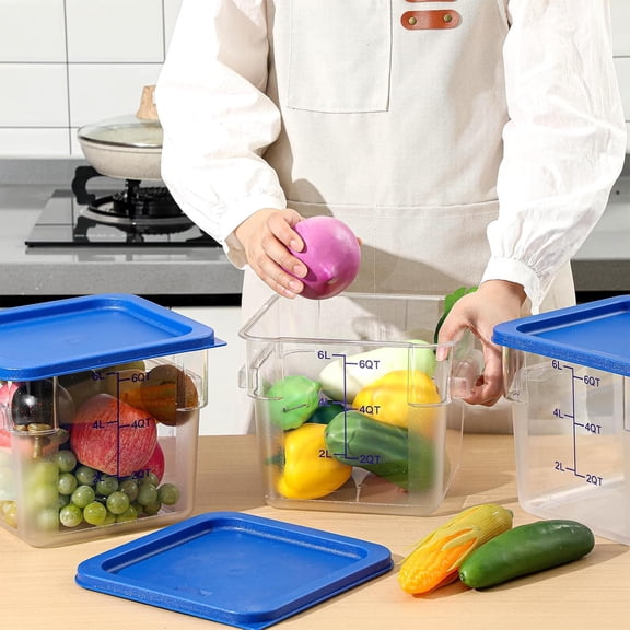 3 Sets 6 Qt Square Food Storage Containers with Lids Dough Proofing Bucket Commercial Polycarbonate Containers with Scale Clear Airtight Cereal for Pantry Home Restaurant (Blue)