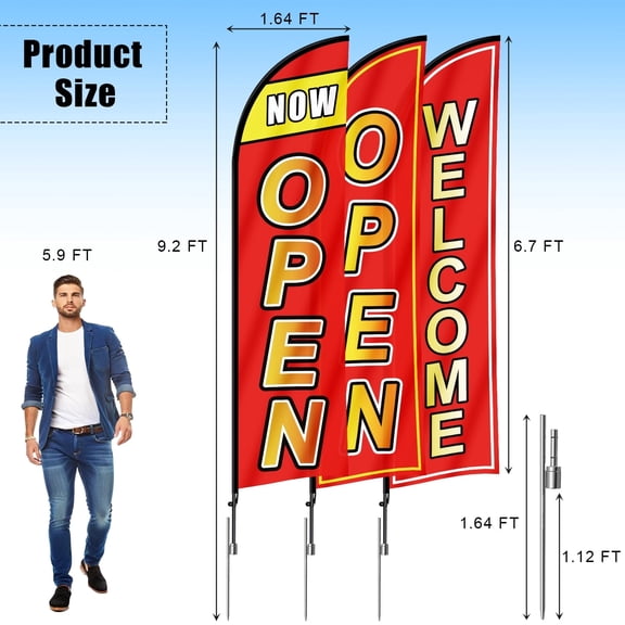 3 Sets 9.2 Feet Tall Open Feather Flag Pole Kit, Grand Opening Flag, Sign Advertising Flag Banner, Now Open Theme Feather Flags with Ground Stake and Portable Bag for Outside Ground