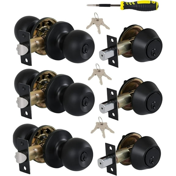 (3 Sets) All Keyed Same Entry Knobs&Single Cylinder Deadbolt for Exterior Front Doors, Round Ball Matte Black Finish Entry Door Lock with Same Keys