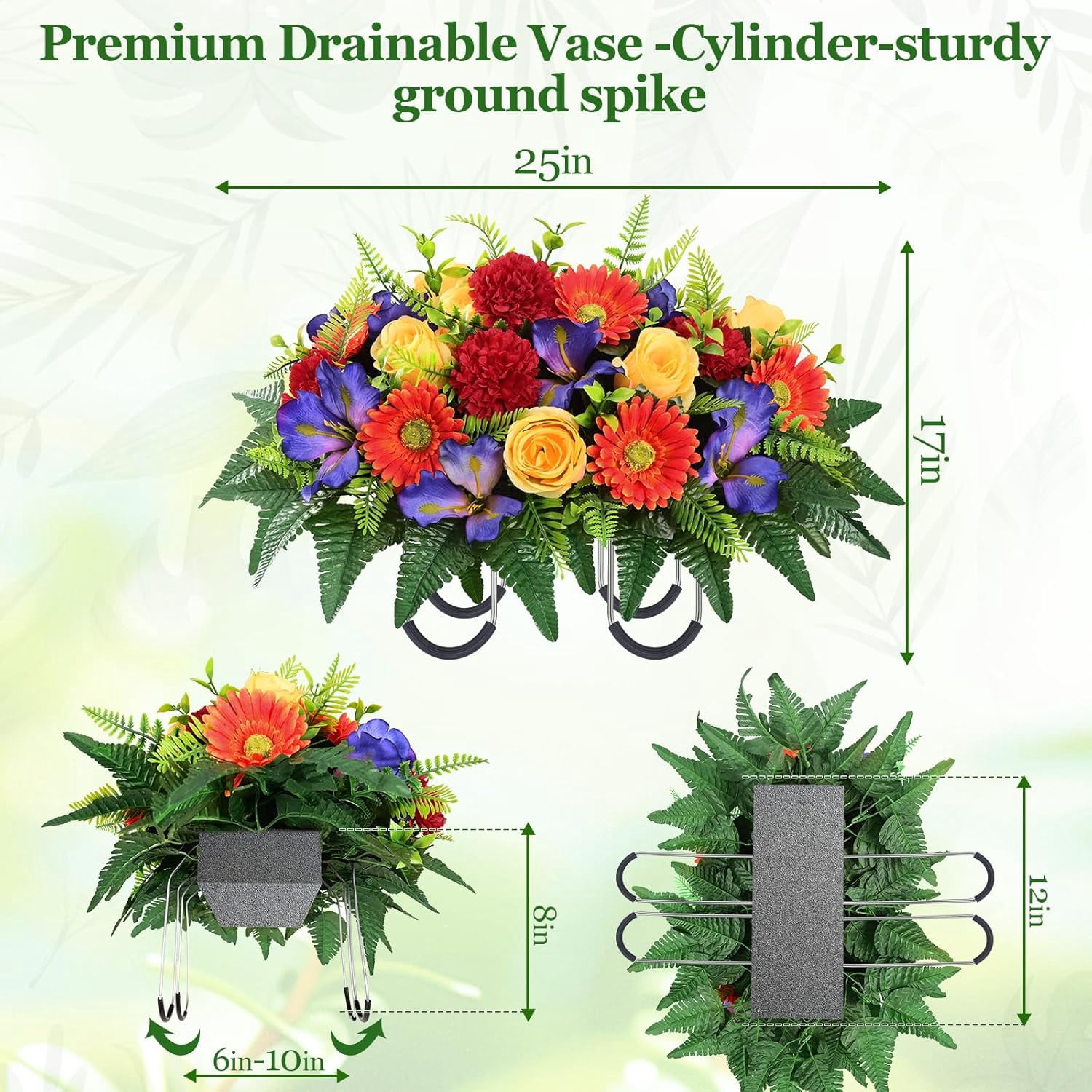 3 Sets Artificial Cemetery Flowers for Grave, Realistic Headstone Flower ,  Memorial Day Flowers, Mixed Blooms Grave Decorations for Cemetery (Colorful)