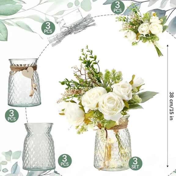 3 Sets Artificial Flowers in Vase Wedding Faux Silk Roses Flower with Vase and LED String Light White Fake Flower Arrangement for Table Centerpieces Spring Home Dining Bathroom Kitchen Decor