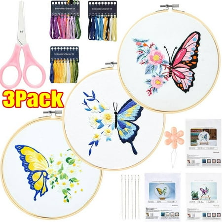 3 Sets Butterfly Embroidery Kit for Beginners Adults, Stamped Cross Stitch Kits for Beginners Include Embroidery Fabric Embroidery Hoop Threads and Needles