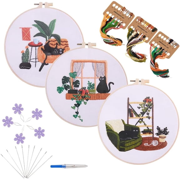 3 Sets Cat Embroidery Stitch Kits Animals Cut Holiday Black Kitty Sofa Window Pattern with Cloth Hoop Colored Threads Needles Instructions Embroidery Starter Kit for Adults Art Craft