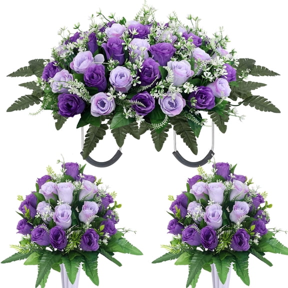 3 Sets Cemetery Flowers for Grave,Headstone Flower Saddle,Grave Memorial Flowers with Vase for Cemetery Headstones Decoration(Pink)