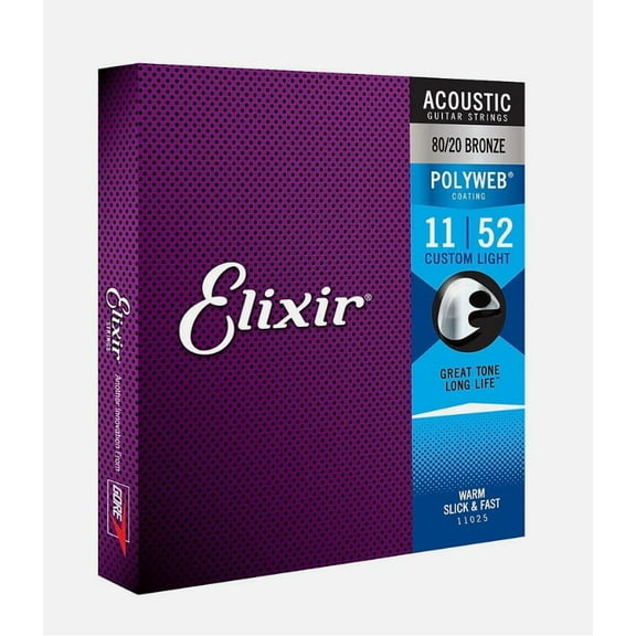3 Sets Elixir 11025 Polyweb 80/20 Bronze Acoustic Guitar Strings, Custom Light 11-52