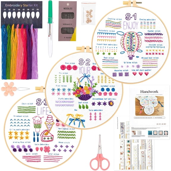 3 Sets Embroidery Kit for Adults Beginners,Needlepoint Craft Kits for Adults,Hand Embroidery Practice Kit for Adults,Learn 33 Different Stitches includes Embroidery Hoop, white