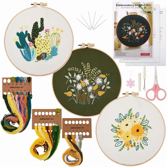 3 Sets Embroidery Kit for Beginners Art Craft Handy Sewing Set Flowers Plants Patterns Stitch Starter DIY Kits with Instructions Stamped Cotton Hook Hoop Needle Thread Scissor for DIY