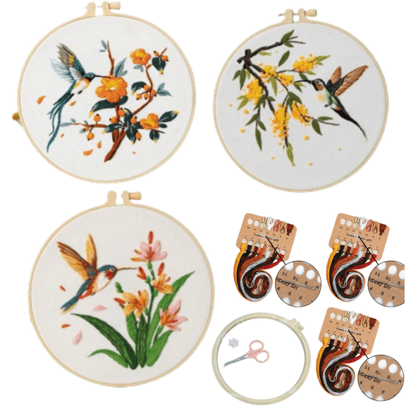 3 Sets Embroidery Kit for Beginners, Art Craft Handy Sewing Set Hummingbird and Flower Cross Stitch Starter Kits, DIY Embroidery Kits with Patterns and Instructions Hoops Needles Threads
