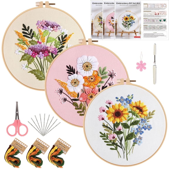 3 Sets Embroidery Kit for Beginners Cross Stitch Kits Needlepoint Kits Crafts for Adults with 3 Embroidery Easy-to-Follow Operating Instructions,Needle Point Kits with Flowers Patterns