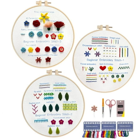 3 Sets Embroidery Kit Beginners Embroidery Stitch Practice Kit 3 Sets Hand Embroidery Starter Kit with 1 Hoop Learn 25 Different Stitches for Craft Lover Adult Stitch with Embroidery Skill Techniques