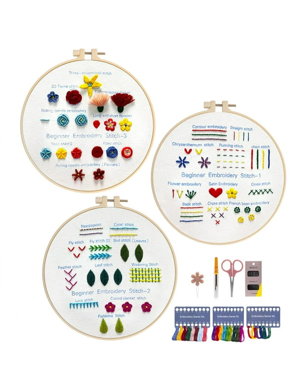 3 Sets Embroidery Kit Beginners Embroidery Stitch Practice kit 3 Sets Hand Embroidery Starter Kit with 1 Hoop Learn 25 Different Stitches for Craft Lover Adult Stitch with Embroidery Skill Techniques