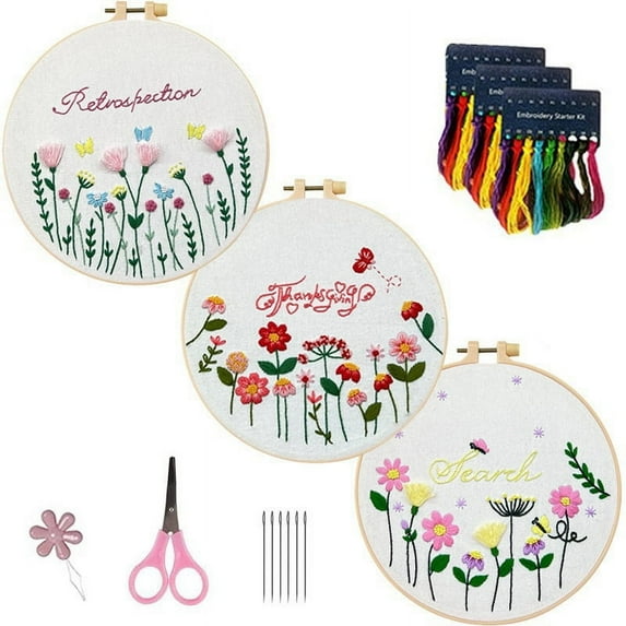 3 Sets Embroidery Kit for Adult, Embroidery Kit Include Embroidery Cloth Hoops Threads for Craft Lover Hand Stitch with Embroidery Skill Techniques