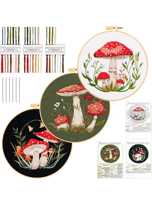 3 Sets Embroidery Starter Kit for Beginners Adults, Mushroom Stamped DIY Handmade Sewing Craft Needlepoint Kit with Embroidery Hoops and Needles Threads