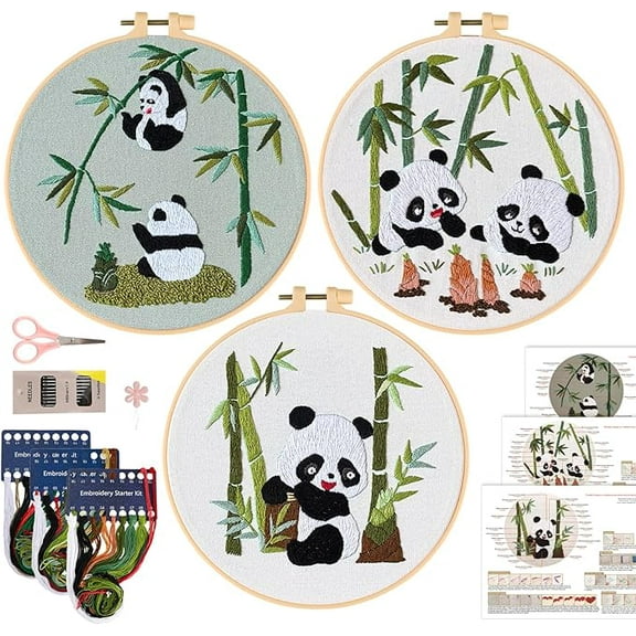 3 Sets Embroidery Starter Kit for Beginners Adults, Stamped Cross Stitch Kit with Panda Pattern, DIY Craft Handmade Needlepoint Embroidery Kit for Craft Lovers with Tool Kit, DIY Home Decoration