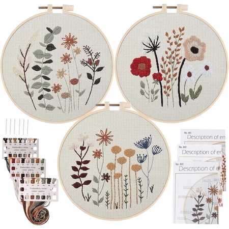 3 Sets Embroidery Starter Kit for Beginners Stamped Cross Stitch Kits with Cute Flowers and Plants Patterns with 1 Embroidery Hoop and Color Threads for Adults Kids